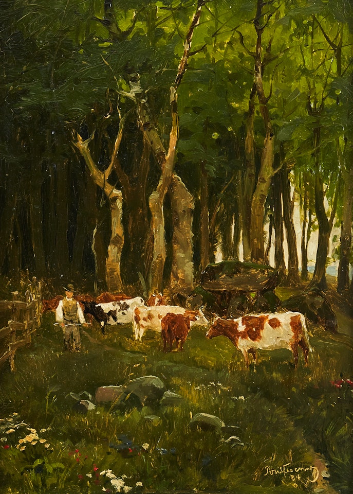 Landscape with cows and a shepherd next to a dolmen by Paul Fischer