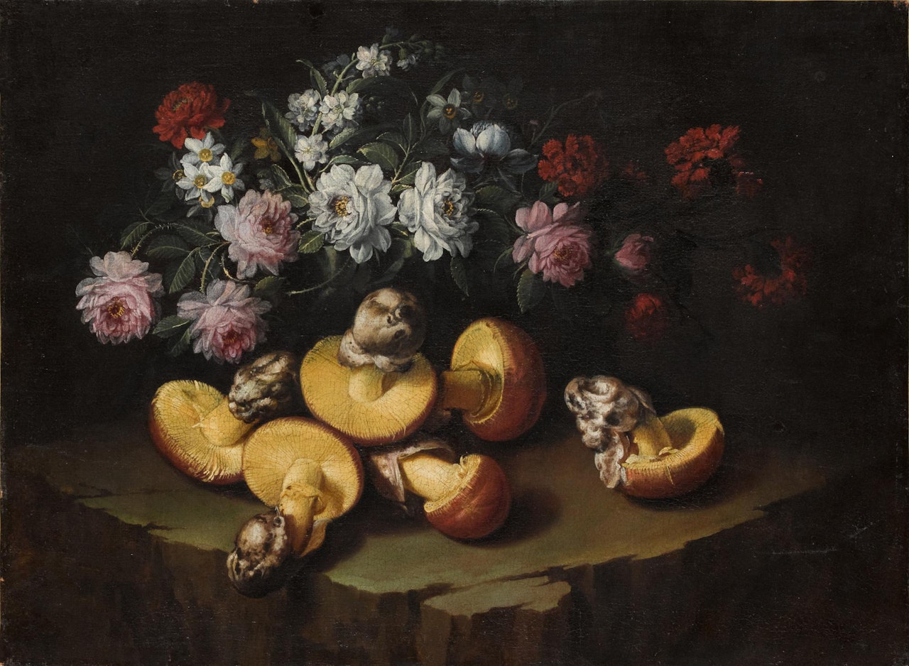 STILL LIFE OF PEONIES, GERANIUMS, DAFFODILS AND OVULI ON A STONE LEDGE by Italian School