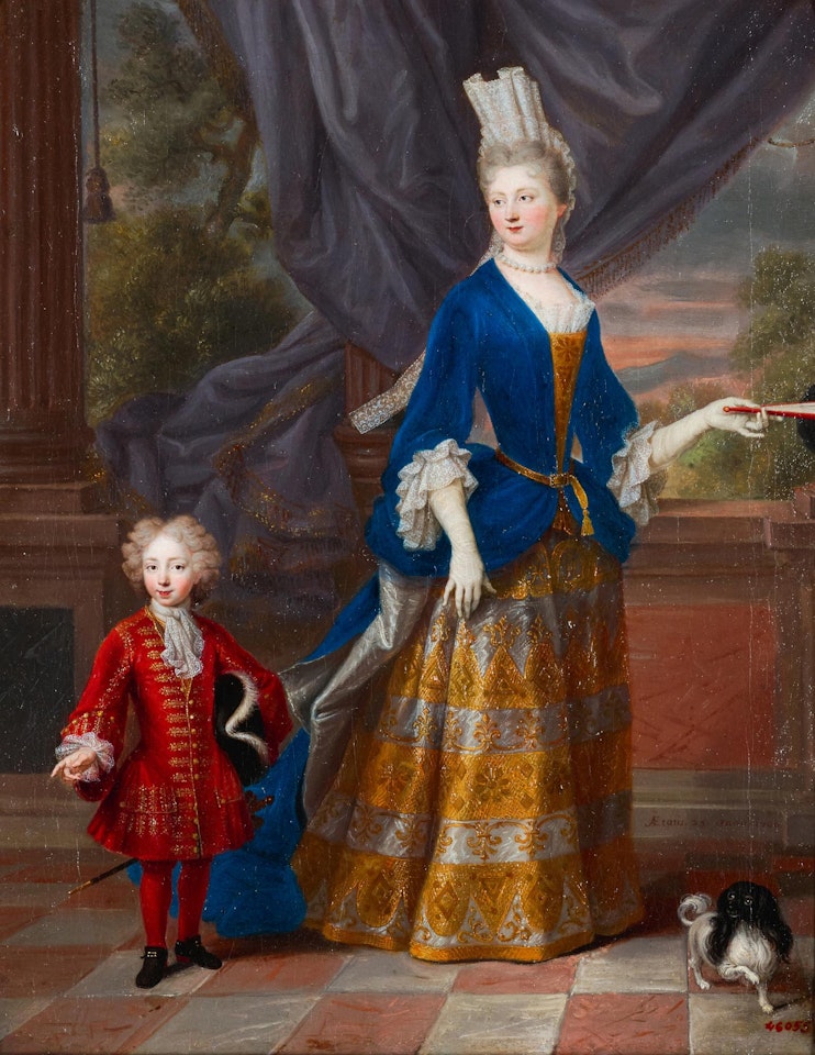 A PORTRAIT OF AN ELEGANT LADY, AGED 25, TOGETHER WITH A YOUNG BOY AND A SPANIEL by French School