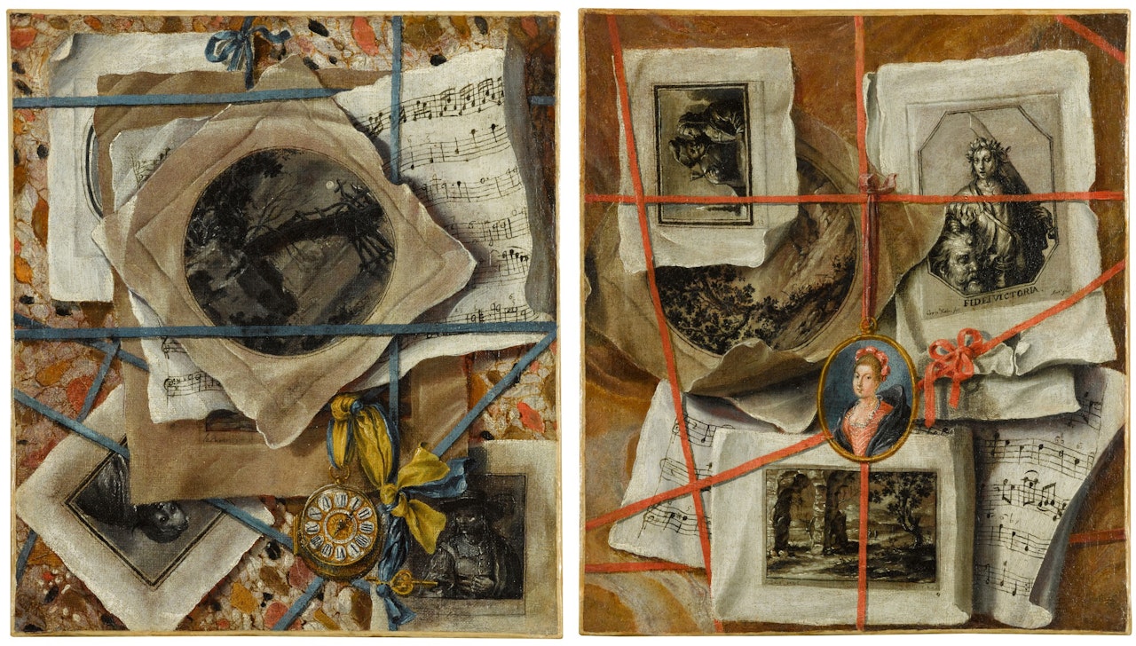 A TROMPE L"ŒIL WITH PRINTS, MUSICAL SCORES AND A WATCH; AND A TROMPE L"ŒIL WITH PRINTS, MUSICAL SCORES AND A PORTRAIT MINIATURE OF A LADY by Italian School
