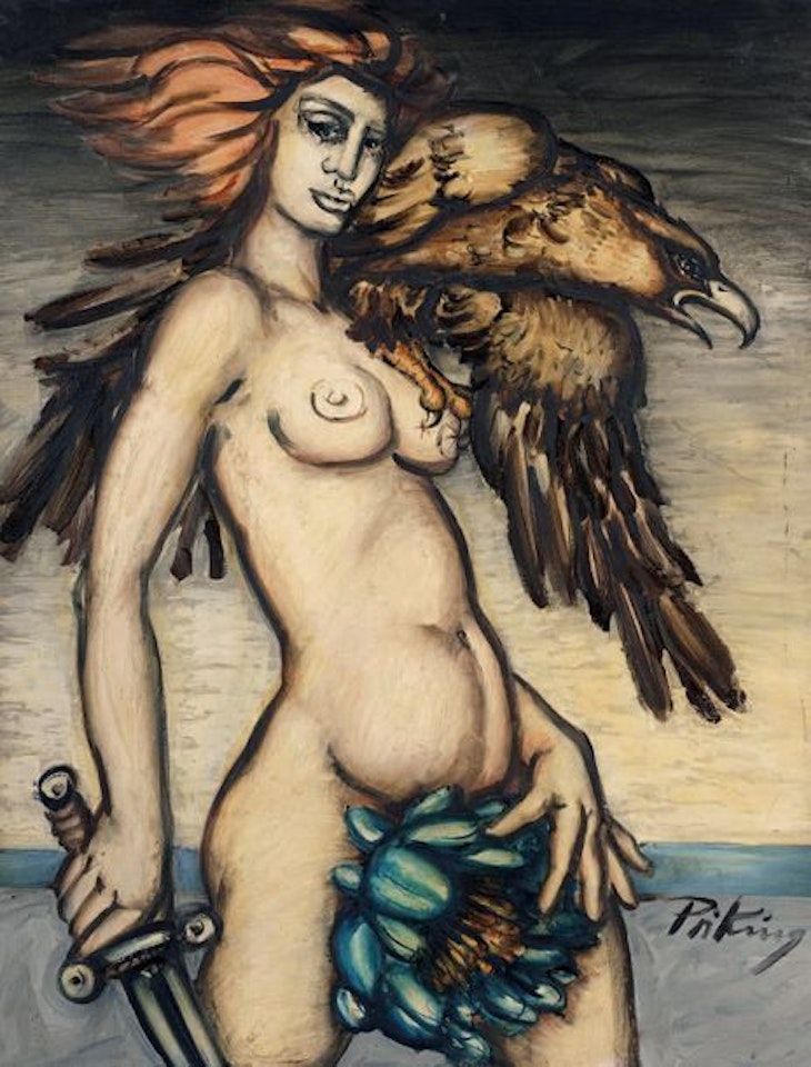 Female nude with eagle by Franz Priking