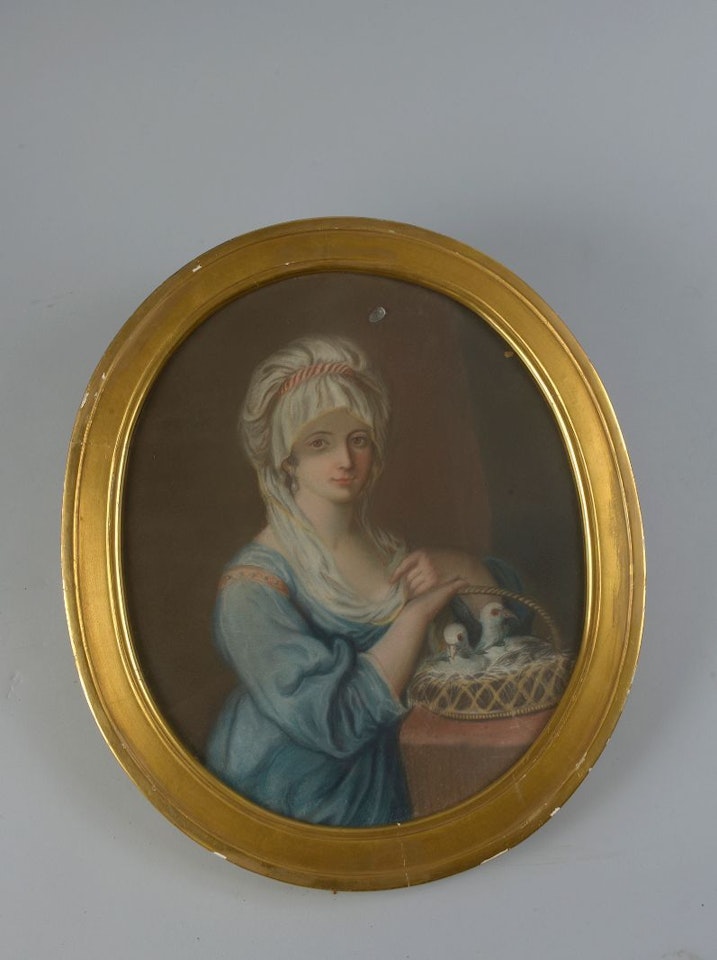 Young girl with doves by French School