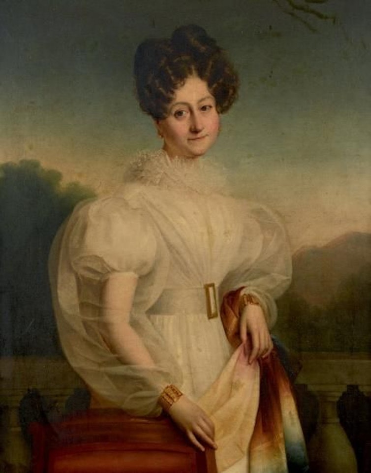 Portrait of a woman in a white dress in front of a landscape by French School