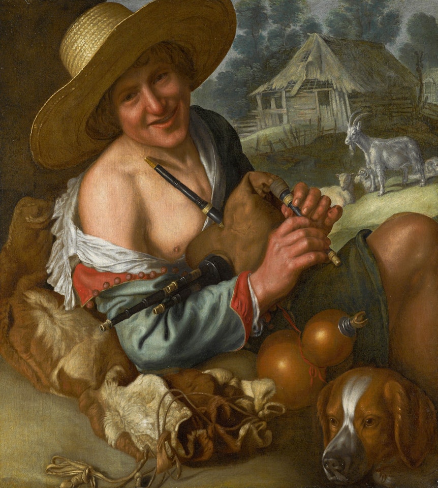 A GOATHERD WITH A BAGPIPE AND HIS MASTIFF, IN A LANDSCAPE WITH GOATS BEYOND by Peter Wtewael