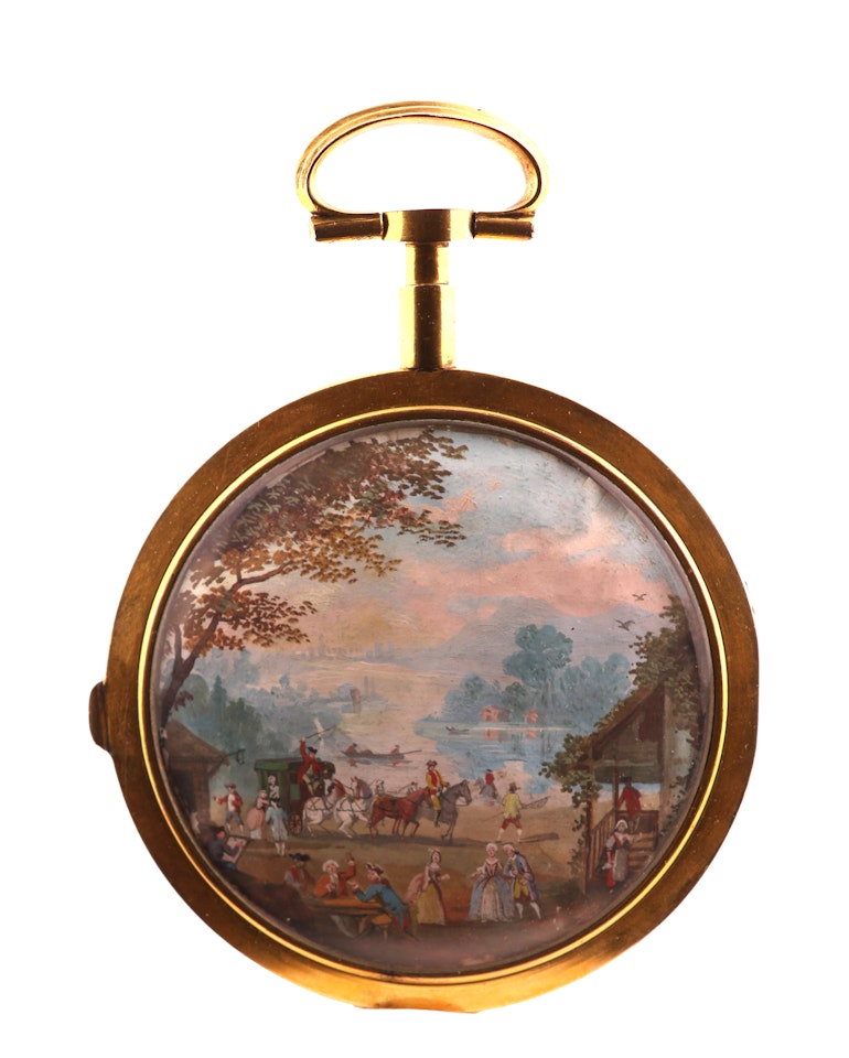 A busy scene by a lake with a horse and carriage and numerous figures at leisure by French School