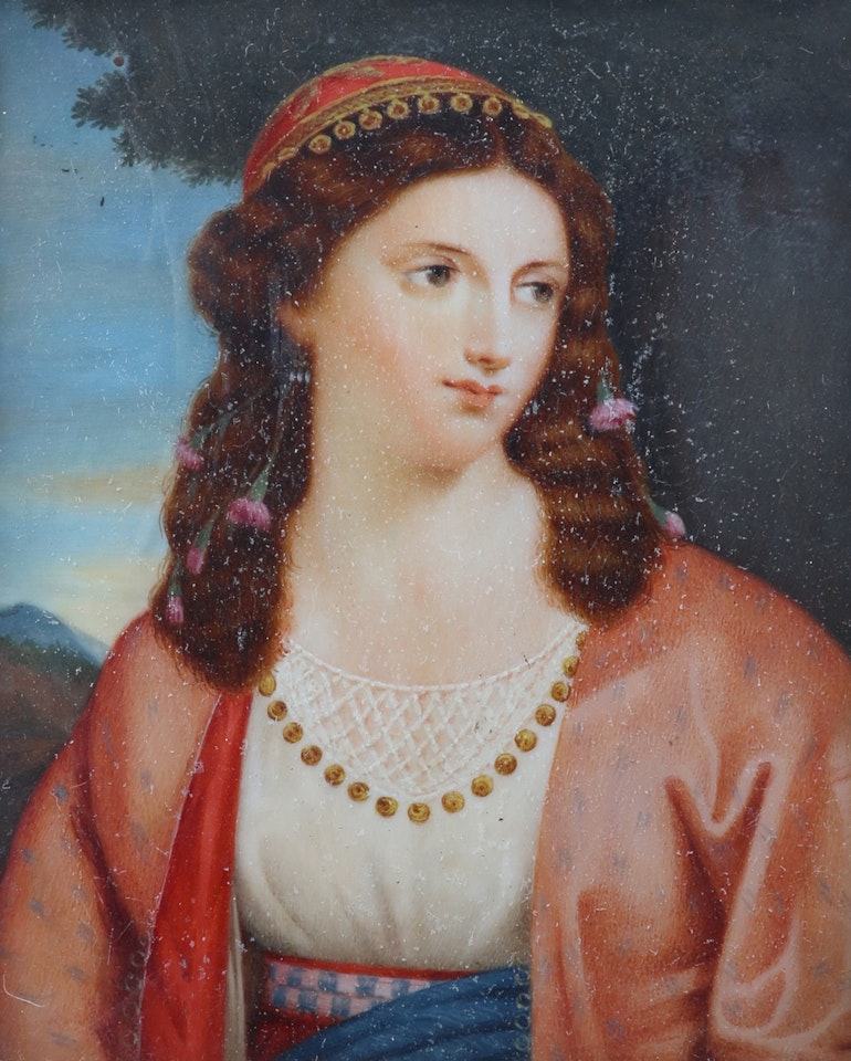 Portrait miniature of a lady, half length wearing middle eastern dress in a landscape by Continental School