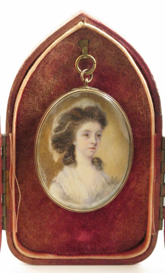 Sarah Scott, bust length, wearing white by English School