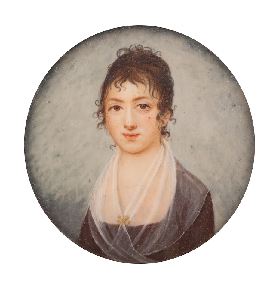 Portrait miniature of a lady, head and shoulders in a brown dress and a sheer white collar by English School
