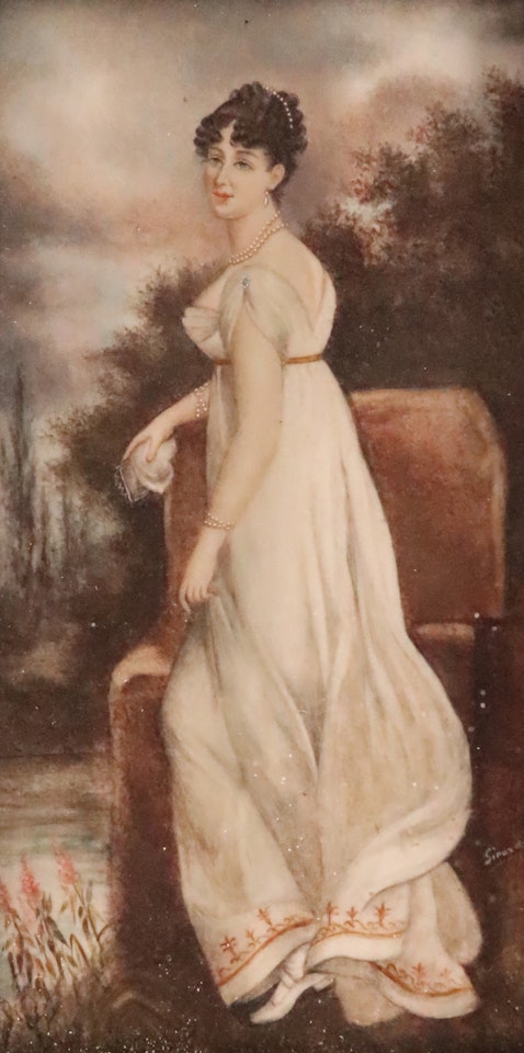 Portrait miniature of a lady, full length, standing in a landscape, in a white dress by Continental School