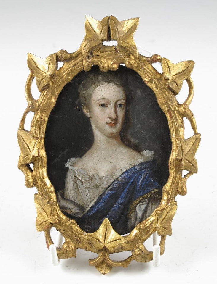 A lady, head and shoulders, wearing a white dress and a blue sash by English School