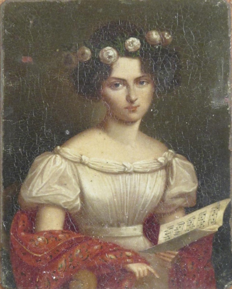 A young lady reading sheet music by Continental School