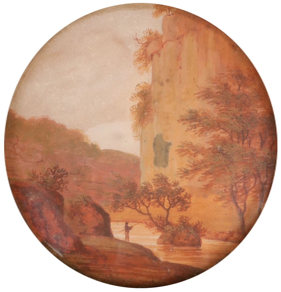 River landscape with a figure fishing in a gorge by Continental School