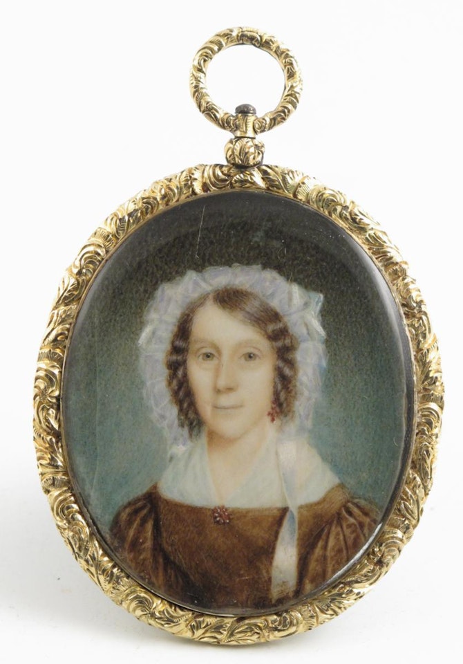 A lady, head and shoulders wearing brown by English School