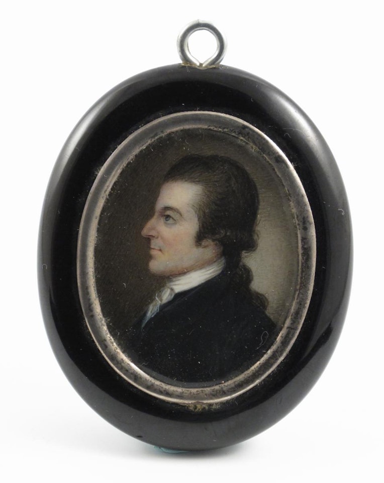 A gentleman, head and shoulders wearing blue, in profile facing left by English School