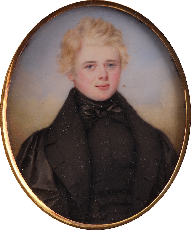 Portrait miniature of a gentleman with blond hair, wearing mourning by English School