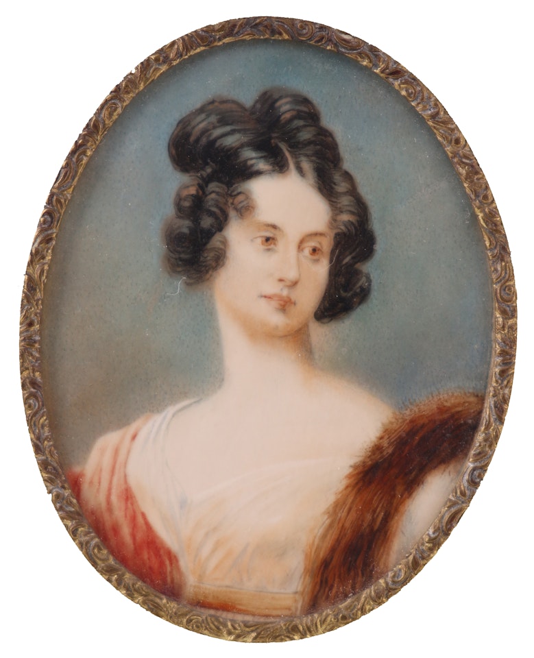 Portrait miniature of a lady, head and shoulders, her hair in ringlets and a fur stole over her shoulder by English School