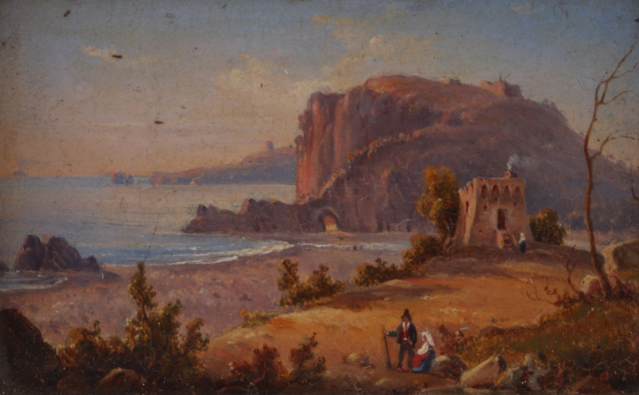 Figures in a coastal landscape, a fort beyond by Italian School