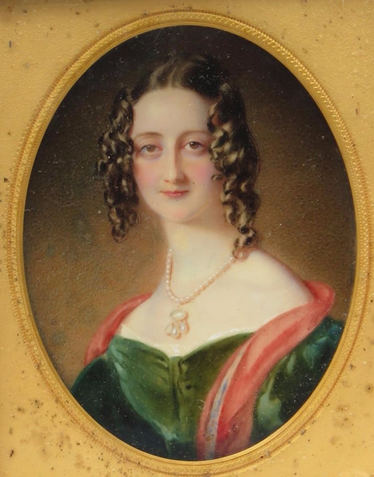 A lady, head and shoulders in a green dress by English School