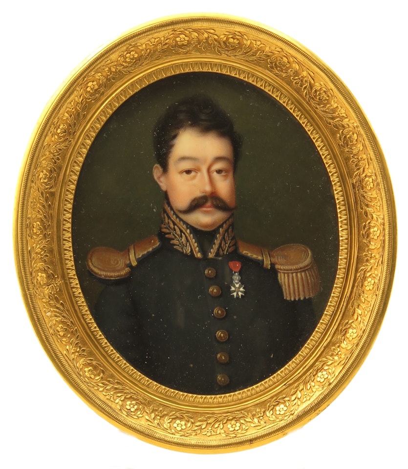 Portrait of a French Officer, in black uniform wearing the French order of the Légion D"Honneur by French School