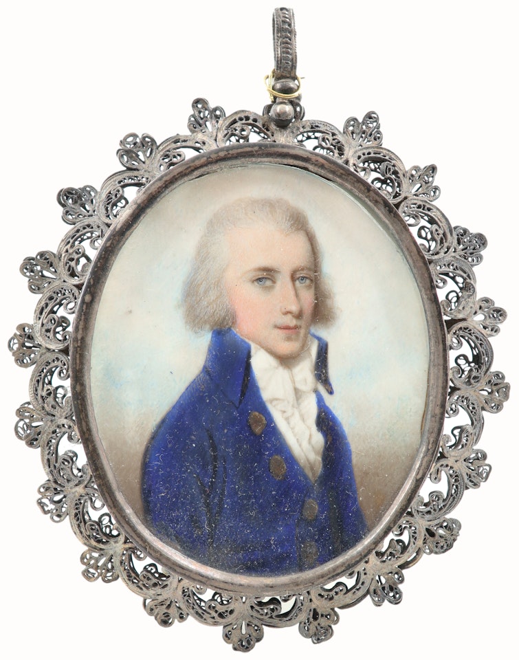 Portrait miniature of a gentleman, in a blue coat, with a white waistcoat and white stock, and powdered hair by English School
