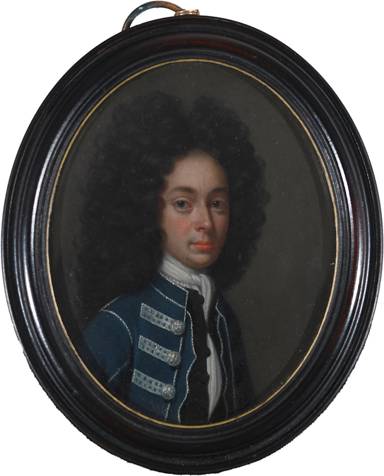 Portrait miniature of a gentleman wearing a blue coat with silver buttons, black waistcoat and a long wig by Continental School