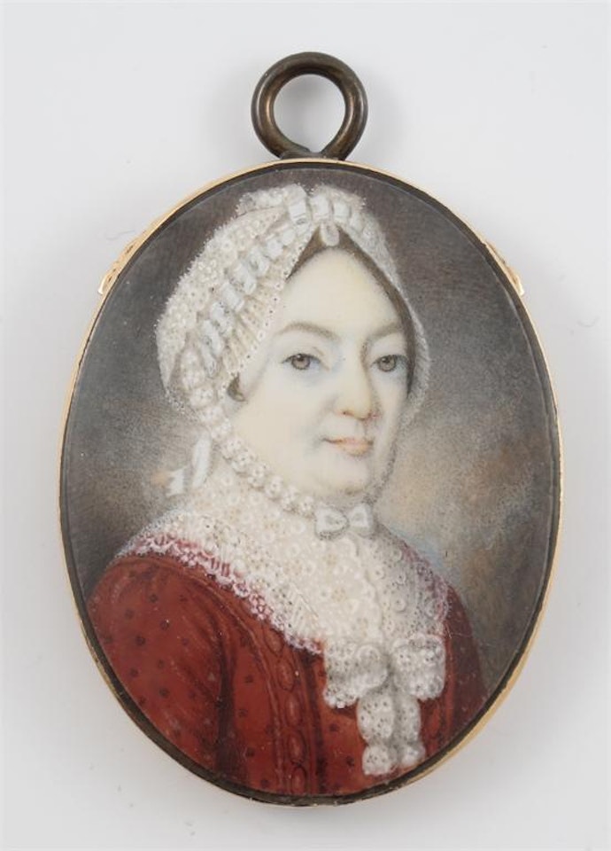 A lady, head and shoulders, in a red dress and lace bonnet facing right by English School
