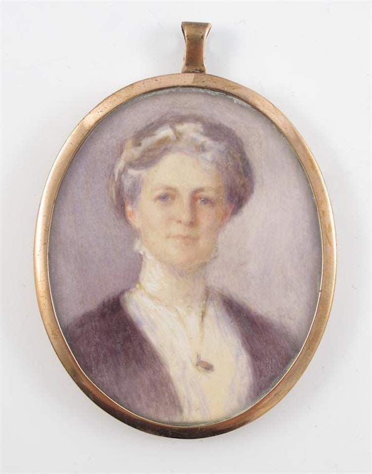 A lady wearing black and a high white collar by English School