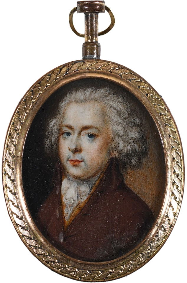 Portrait miniature of a gentleman wearing a brown coat and yellow waistcoat by English School