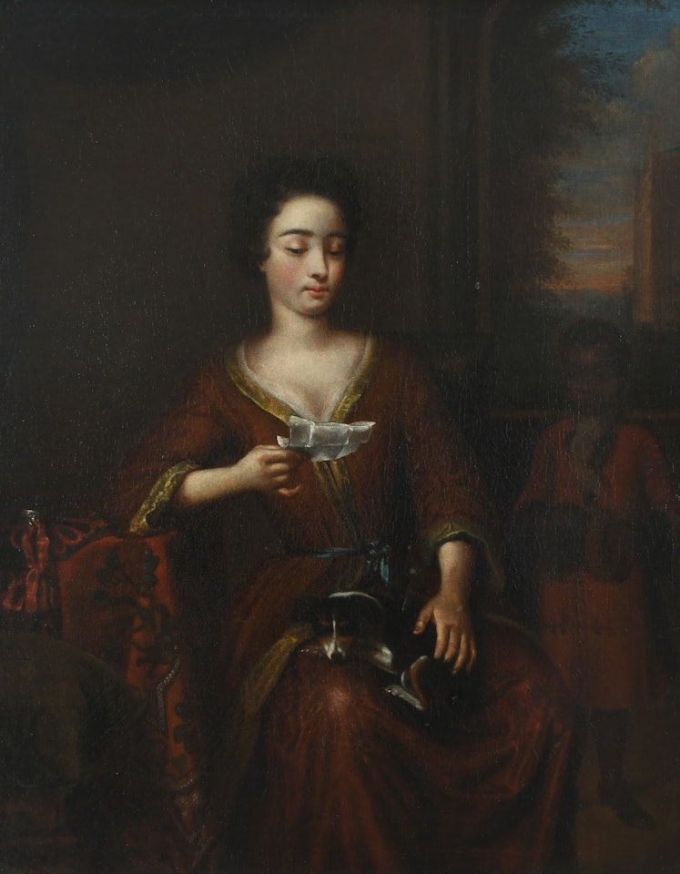 Portrait of a lady seated, reading a letter with a dog in her lap, a servant attending by Dutch School