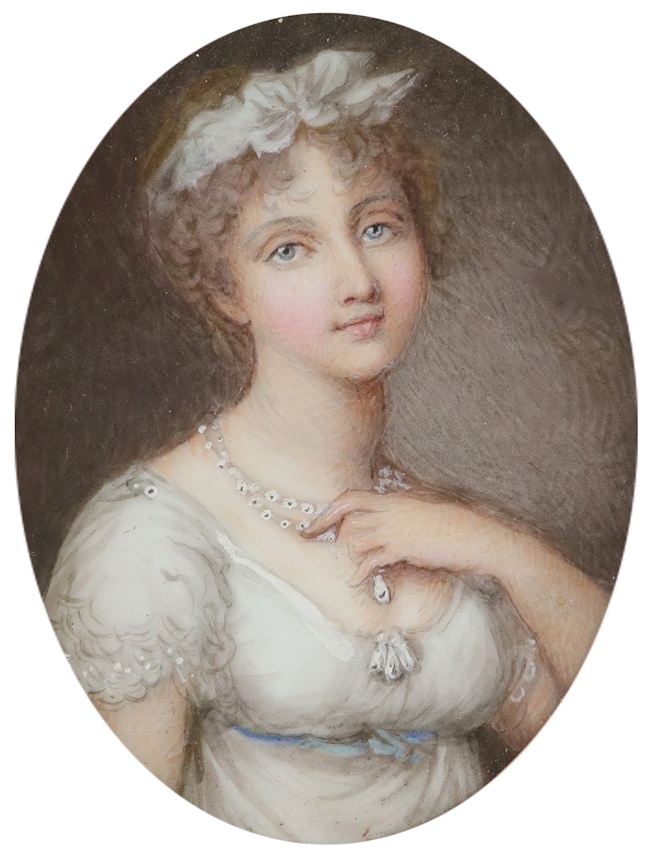 Portrait miniature of a lady wearing a white dress and pearl necklace by English School