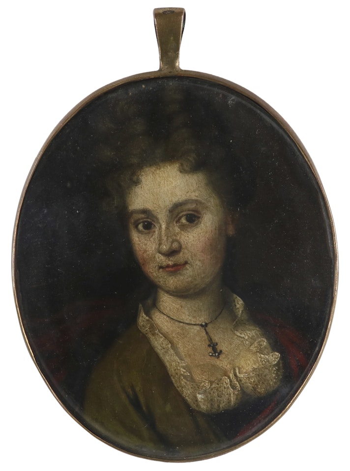 Portrait miniature of a lady wearing a green dress and red cloak by Dutch School