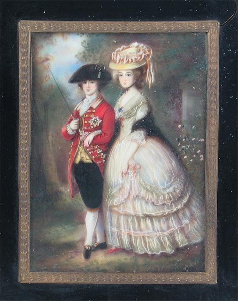An elegant couple standing full length in a park by French School