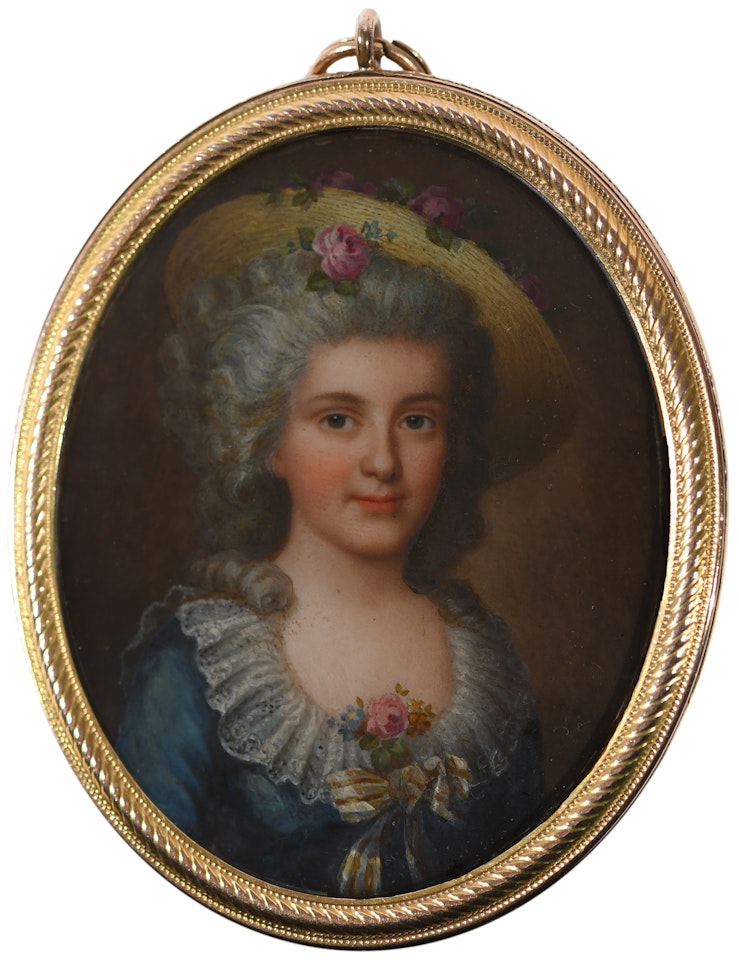 Portrait miniature of a lady wearing a blue dress and broad brimmed hat decorated with flowers by French School