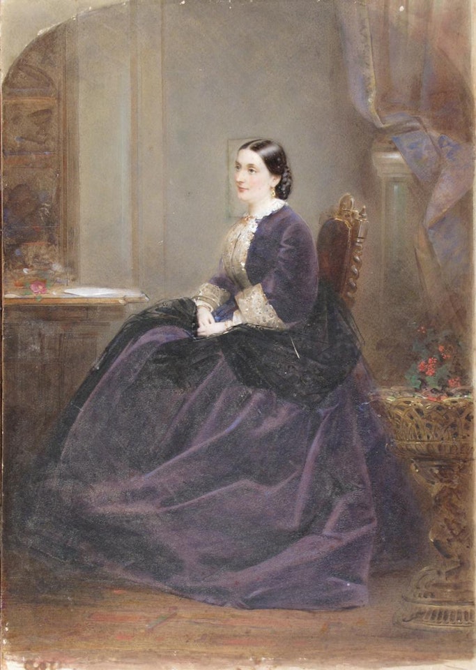 A lady, full length, seated, wearing black in an interior by English School