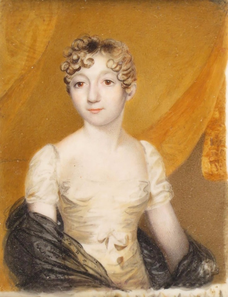 Portrait miniature of Anna Maria Draycott Denys, half length in a cream dress and black shawl by English School