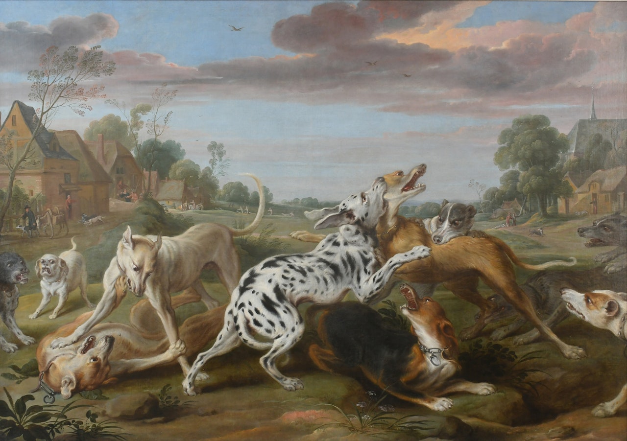 Dogs fighting in a clearing, with a village beyond and hunters returning home by Paul de Vos