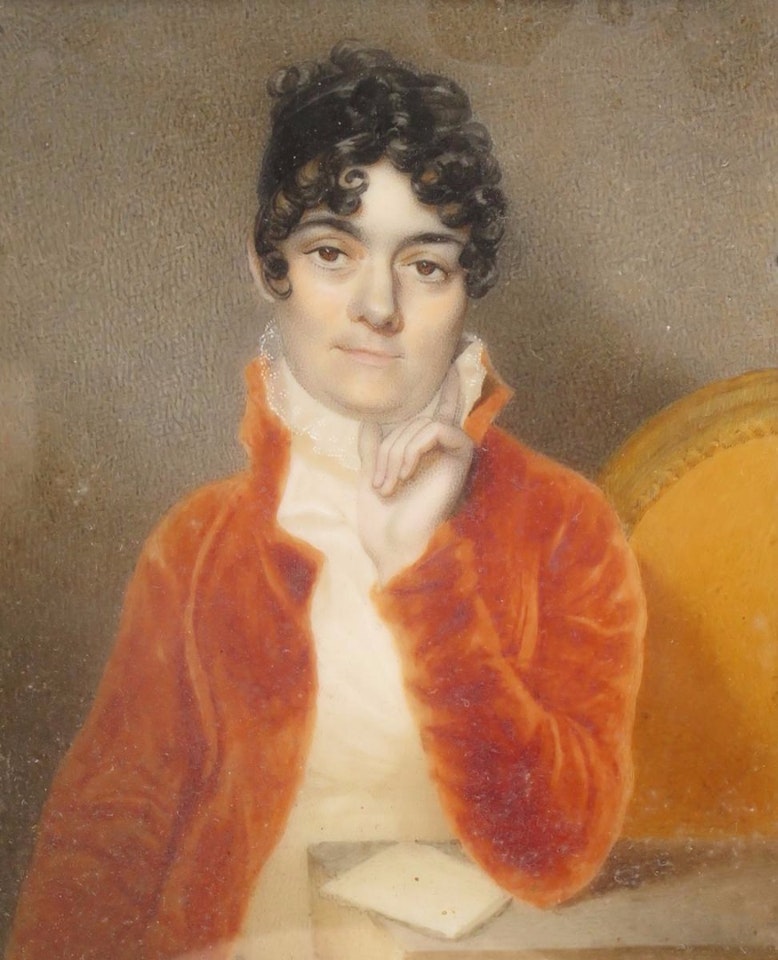 Portrait miniature of Lady Charlotte Denys, seated wearing a russet coat by English School