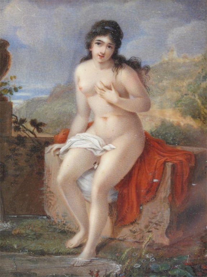 A nude seated on a rock in a landscape by English School