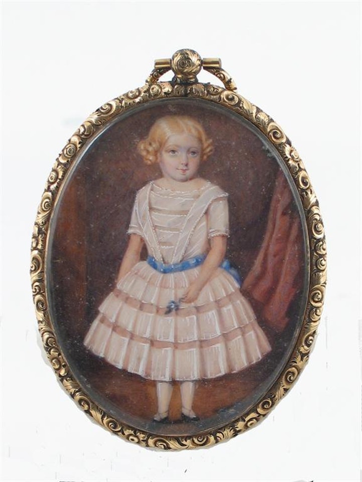 A young girl wearing a pink and white dress by English School