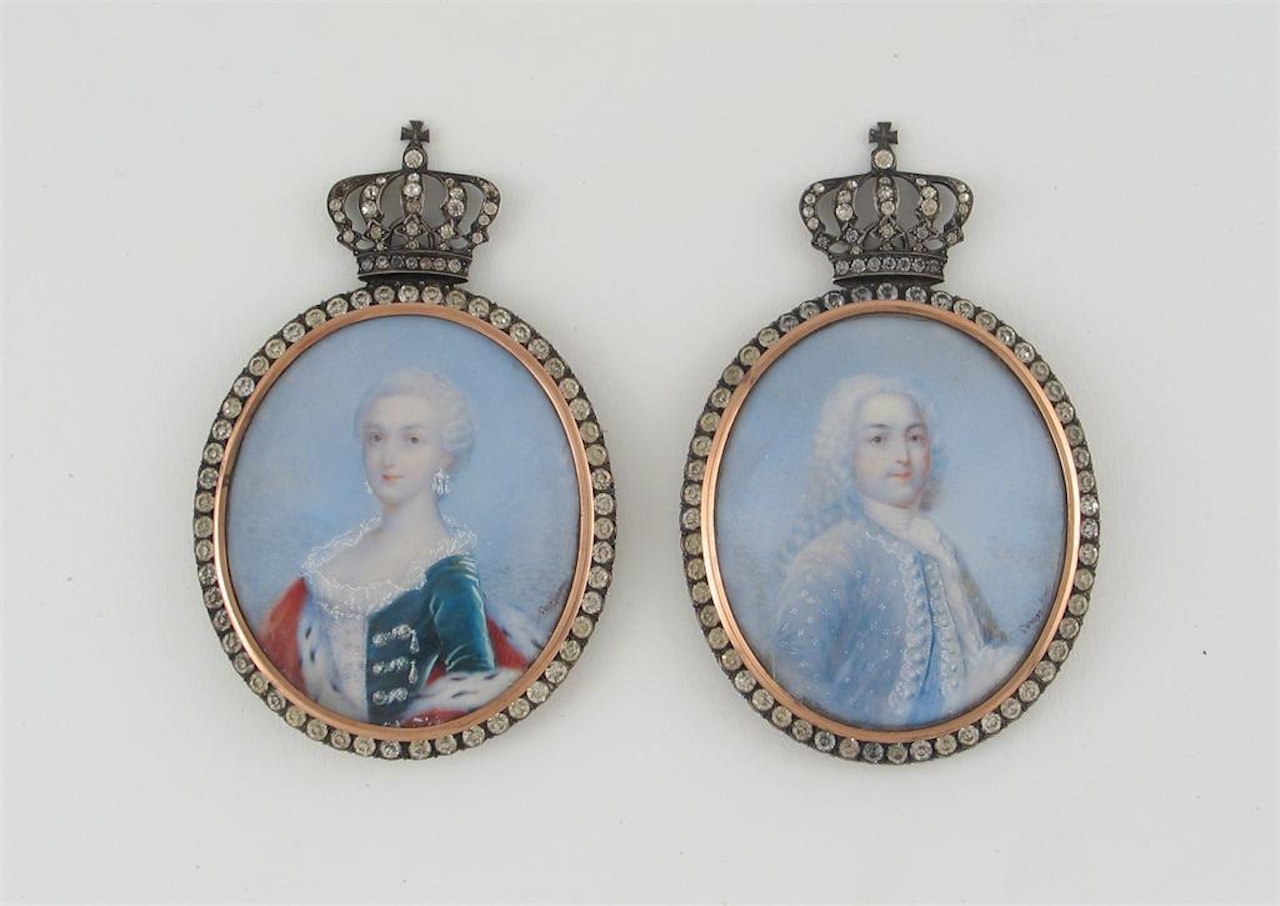 he wearing a blue brocaded jacket, she fur trimmed robes by French School