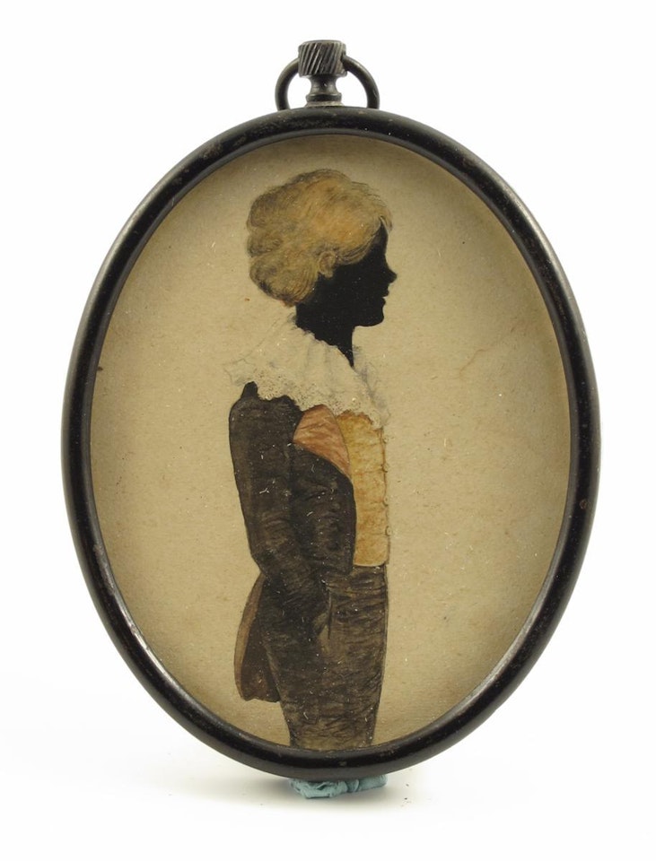 A painted silhouette of a boy, three-quarter length, facing right by English School