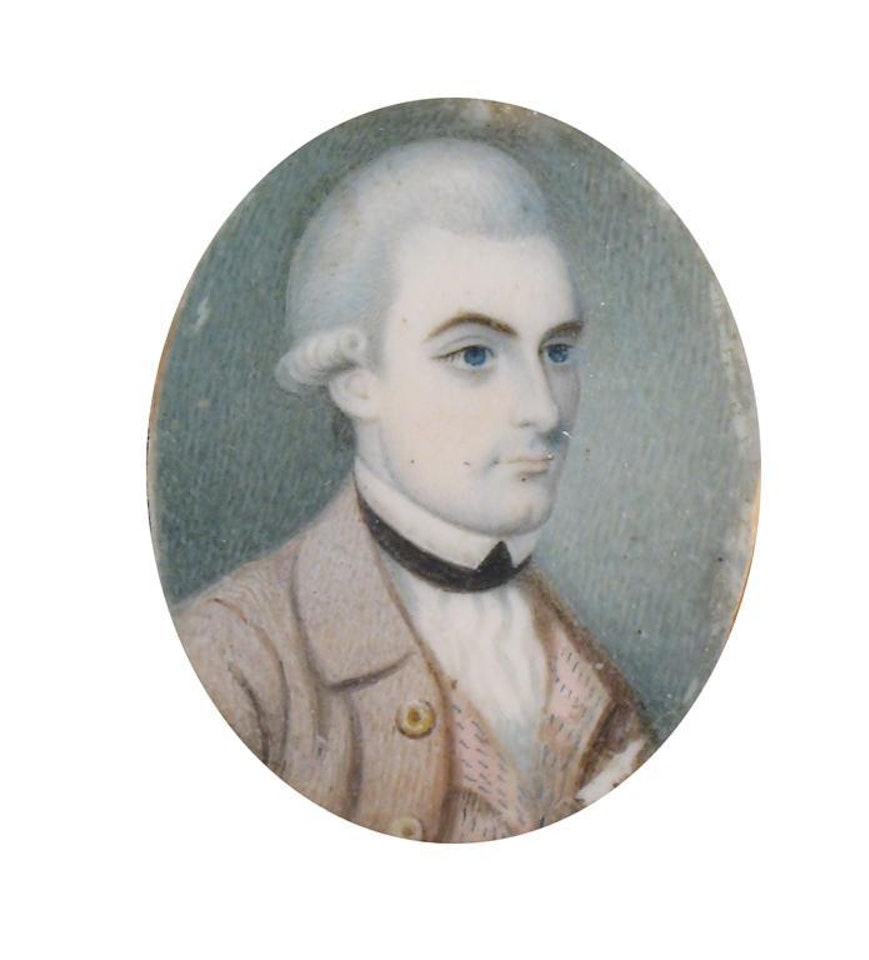 Portrait of a gentleman, bust length in a pale pink coat by English School