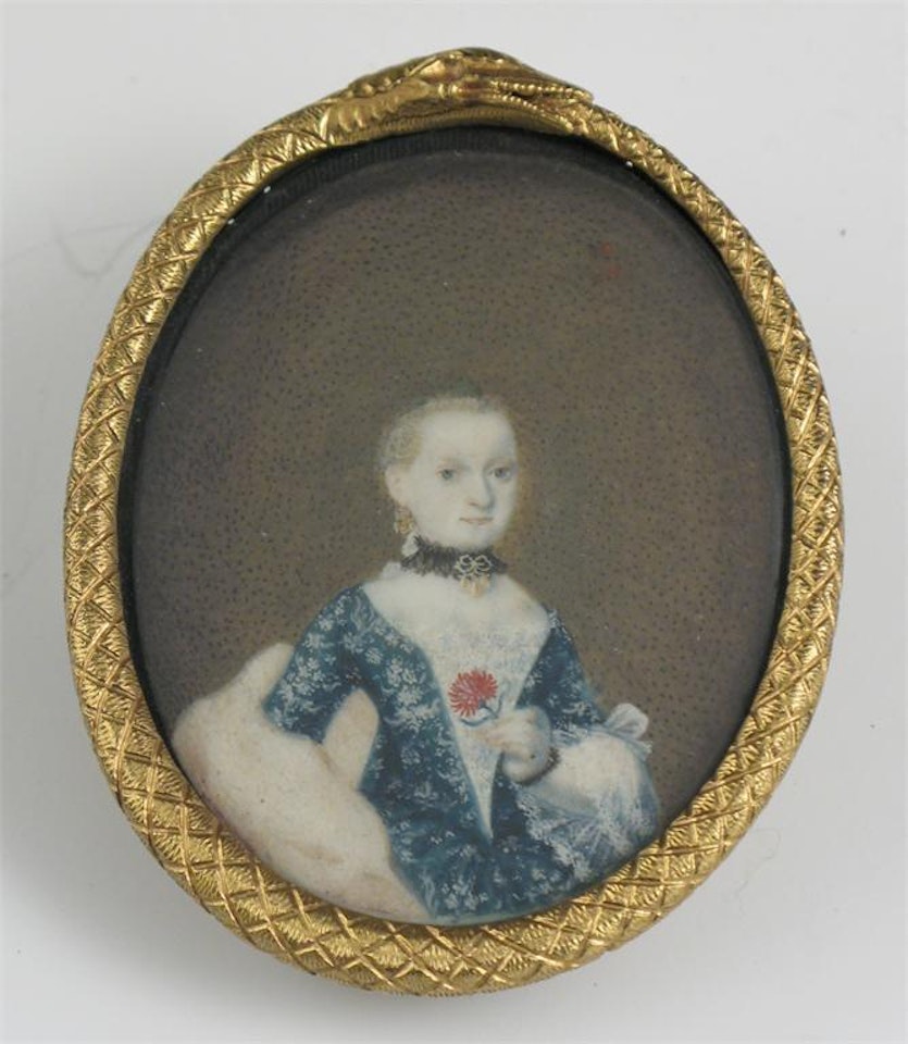Portrait of a lady in blue holding a carnation by French School