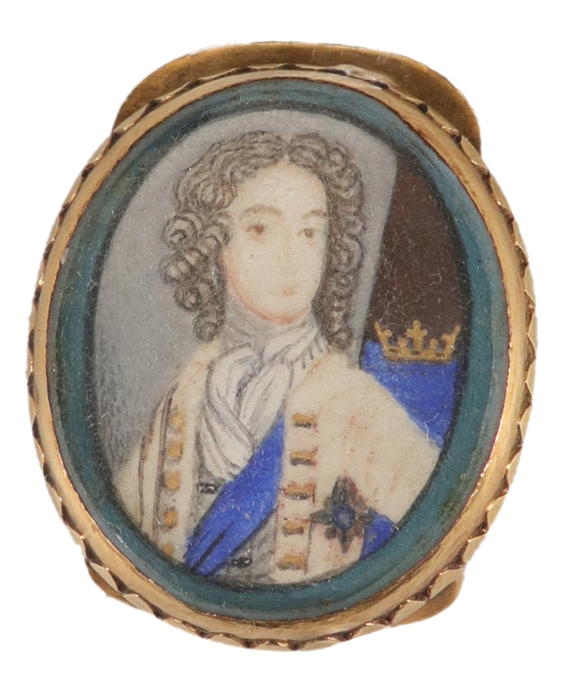 Portrait miniature of a gentleman, traditionally identified as Charles II, wearing the sash of the Order of the Garter, with a crown beside him by English School