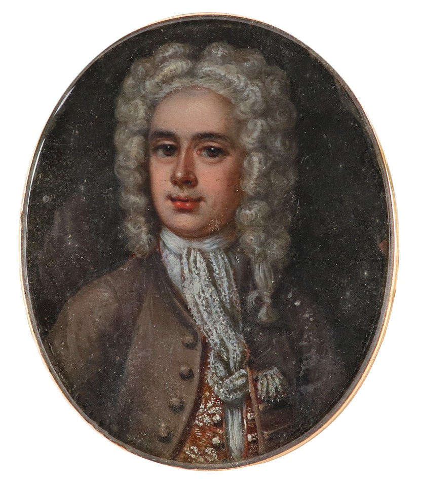 Portrait miniature of a gentleman wearing a brown coat, embroidered waistcoat and long wig by English School