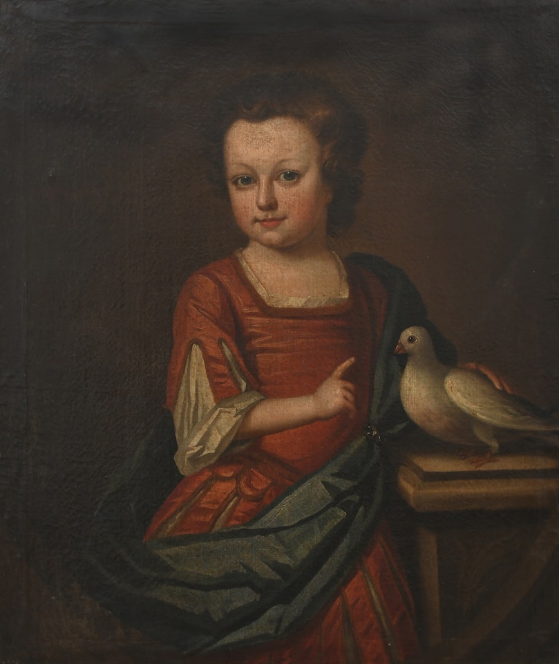 Portrait of a young girl, half-length, wearing a red dress, standing by a pedestal with a dove by English School