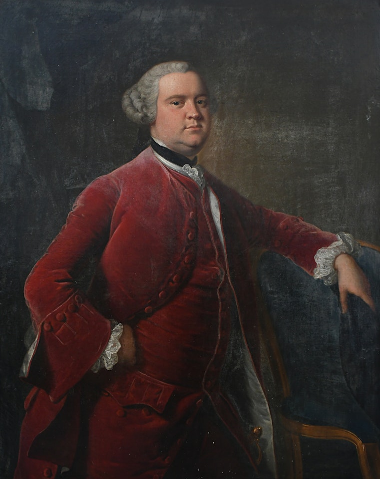 Portrait of Sir John Tyrell, 5th Bt. of Heron and Woodham, Essex (c.1725-1766), three-quarter length, wearing a red coat and waistcoat by Thomas Hudson