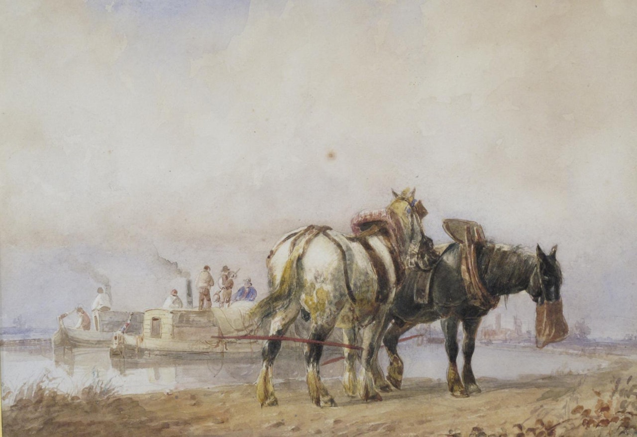 Barges on a canal with horses on a tow path by English School