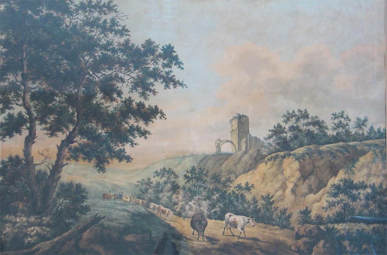 Pastoral scene with rustic and cattle near a ruin by English School
