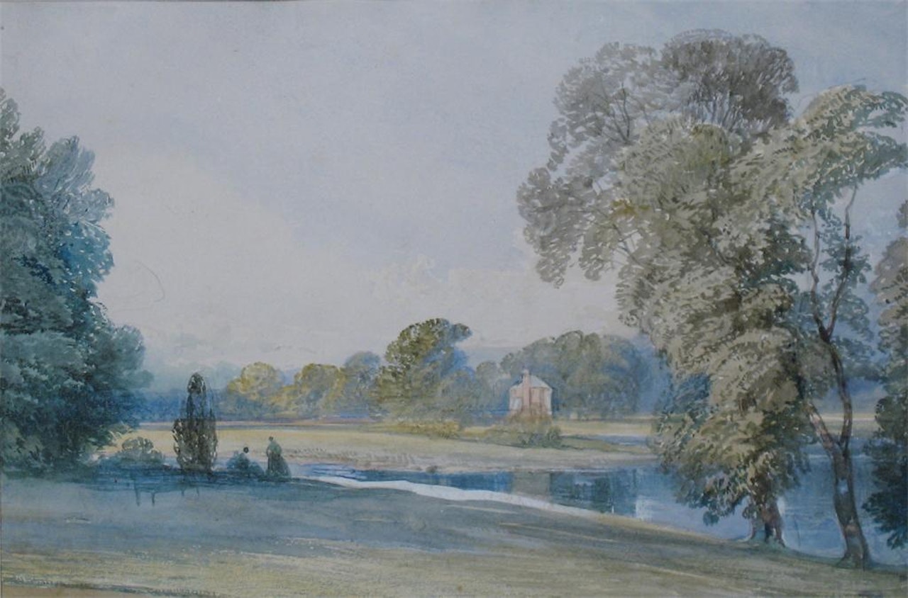 Figures by a lake with a cottage beyond by William Callow